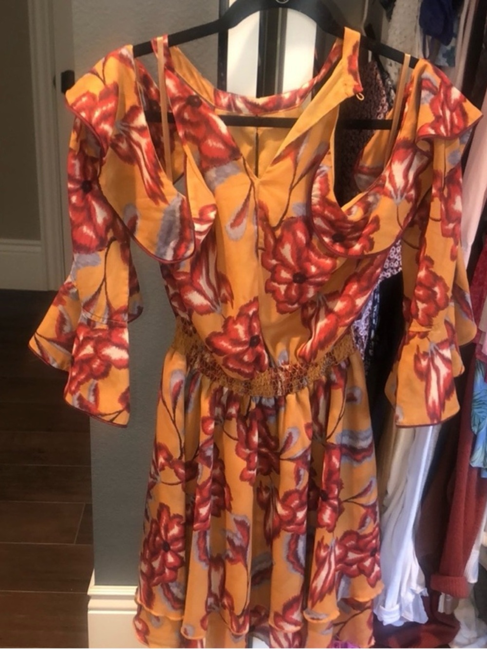Yellow Floral Cold-Shoulder Ruffle Dress